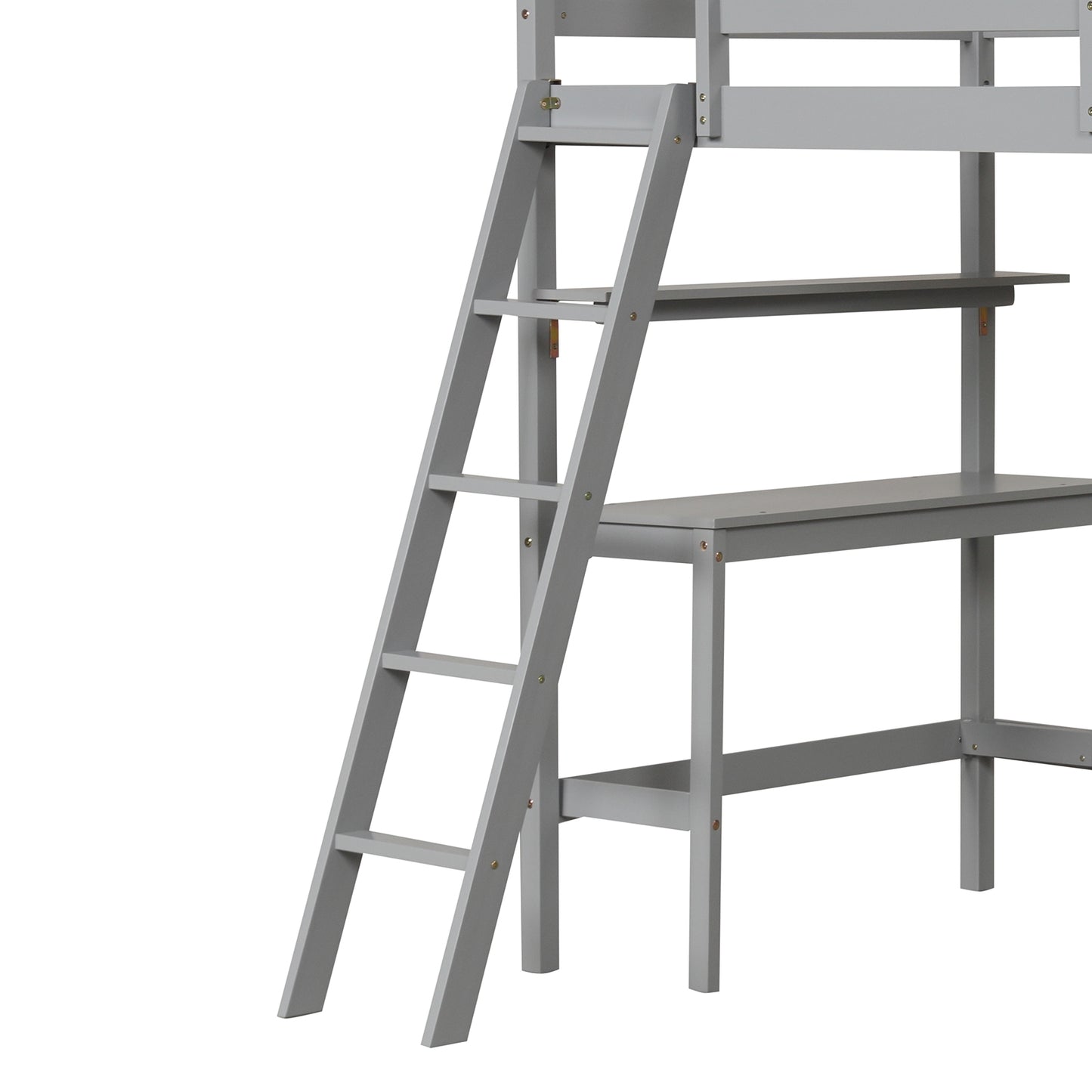 Twin Size Loft Bed with Desk and Bookshelves for Kids and Teens-Gray Kids Crystal