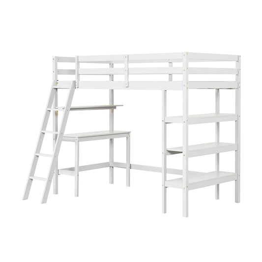 Twin Size Loft Bed with Desk and Bookshelves for Kids and Teens-White Kids Crystal