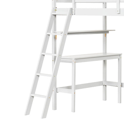 Twin Size Loft Bed with Desk and Bookshelves for Kids and Teens-White