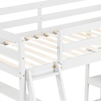 Twin Size Loft Bed with Desk and Bookshelves for Kids and Teens-White