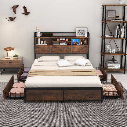 Full/Queen Size Bed Frame with Bookcase Headboard and 4 Storage Drawers-Queen Size