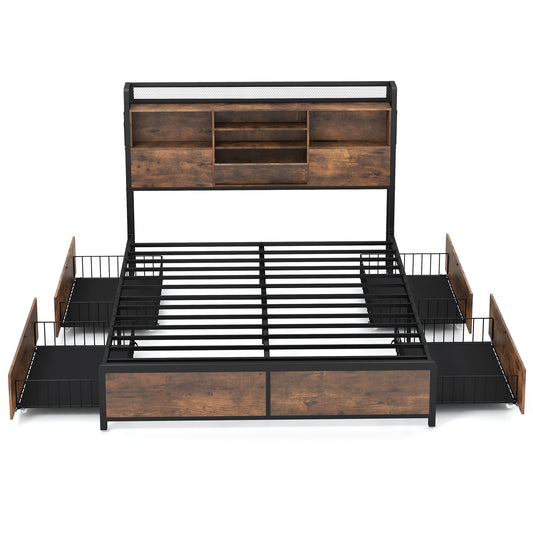 Full/Queen Size Bed Frame with Bookcase Headboard and 4 Storage Drawers-Queen Size Kids Crystal