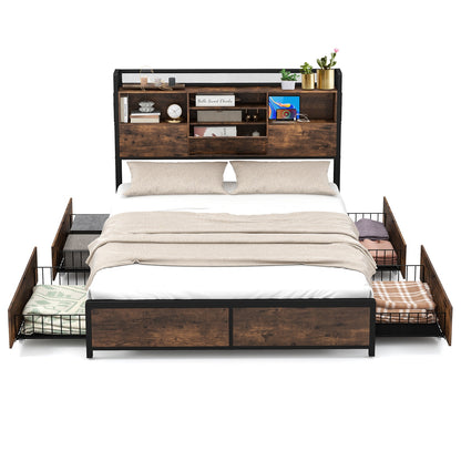 Full/Queen Size Bed Frame with Bookcase Headboard and 4 Storage Drawers-Queen Size