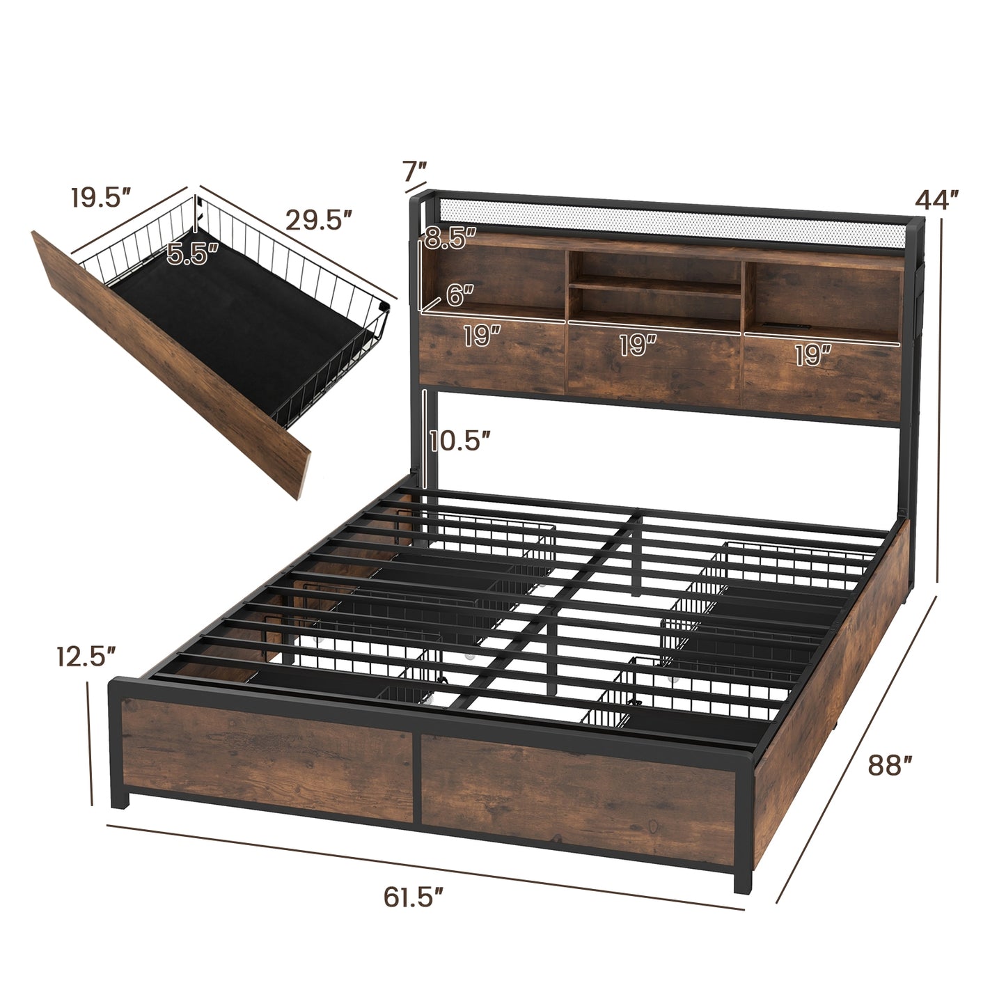 Full/Queen Size Bed Frame with Bookcase Headboard and 4 Storage Drawers-Queen Size Kids Crystal