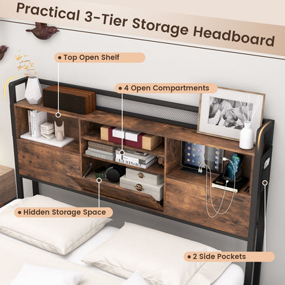 Full/Queen Size Bed Frame with Bookcase Headboard and 4 Storage Drawers-Queen Size