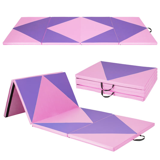 4-Panel PU Leather Folding Exercise Gym Mat with Hook and Loop Fasteners-Pink & Purple Kids Crystal
