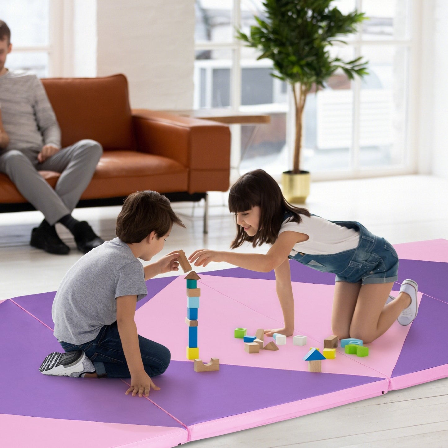 4-Panel PU Leather Folding Exercise Gym Mat with Hook and Loop Fasteners-Pink & Purple Kids Crystal