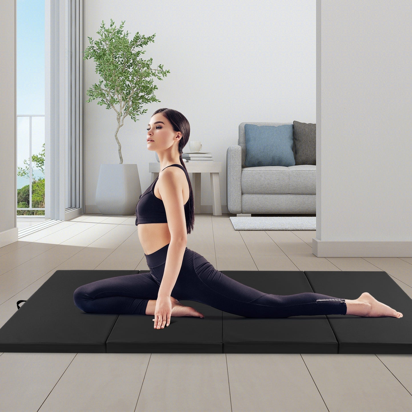 4-Panel PU Leather Folding Exercise Mat with Carrying Handles-Black Kids Crystal