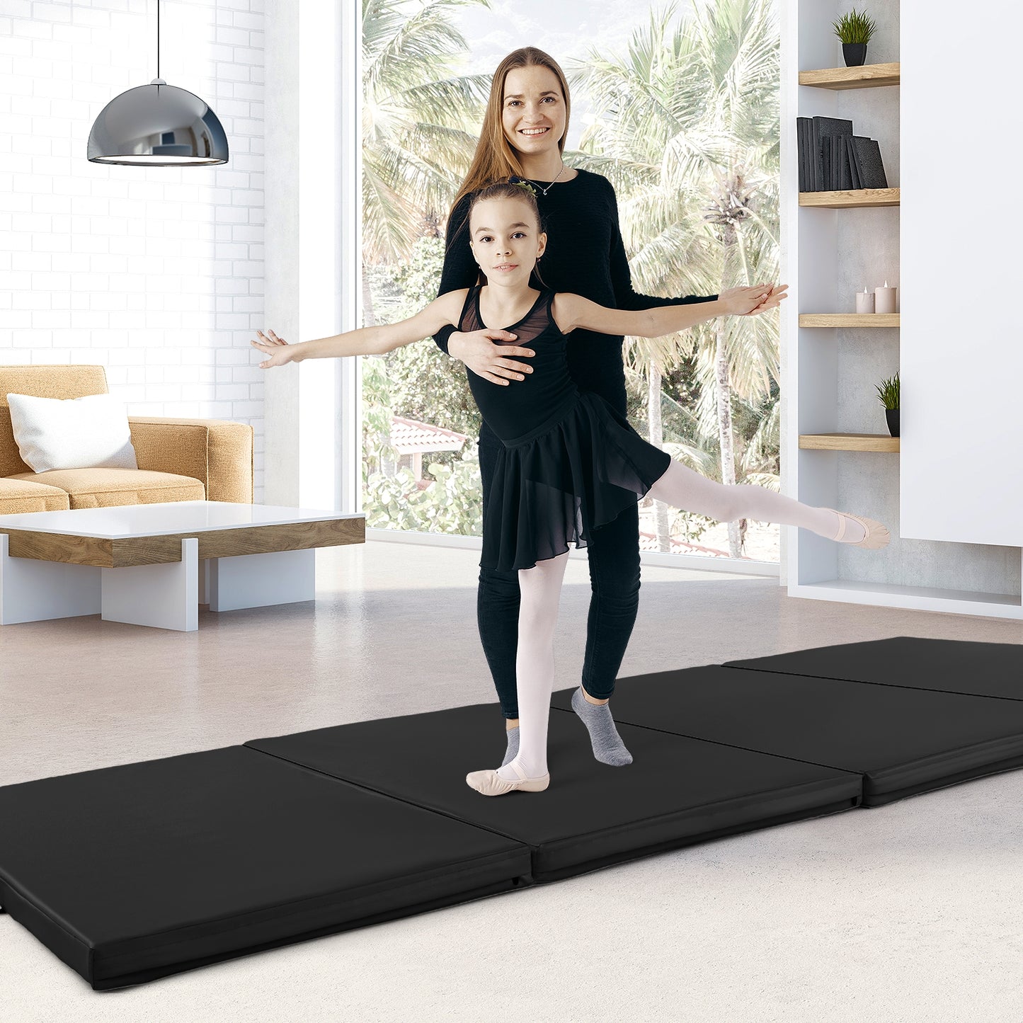 4-Panel PU Leather Folding Exercise Mat with Carrying Handles-Black Kids Crystal