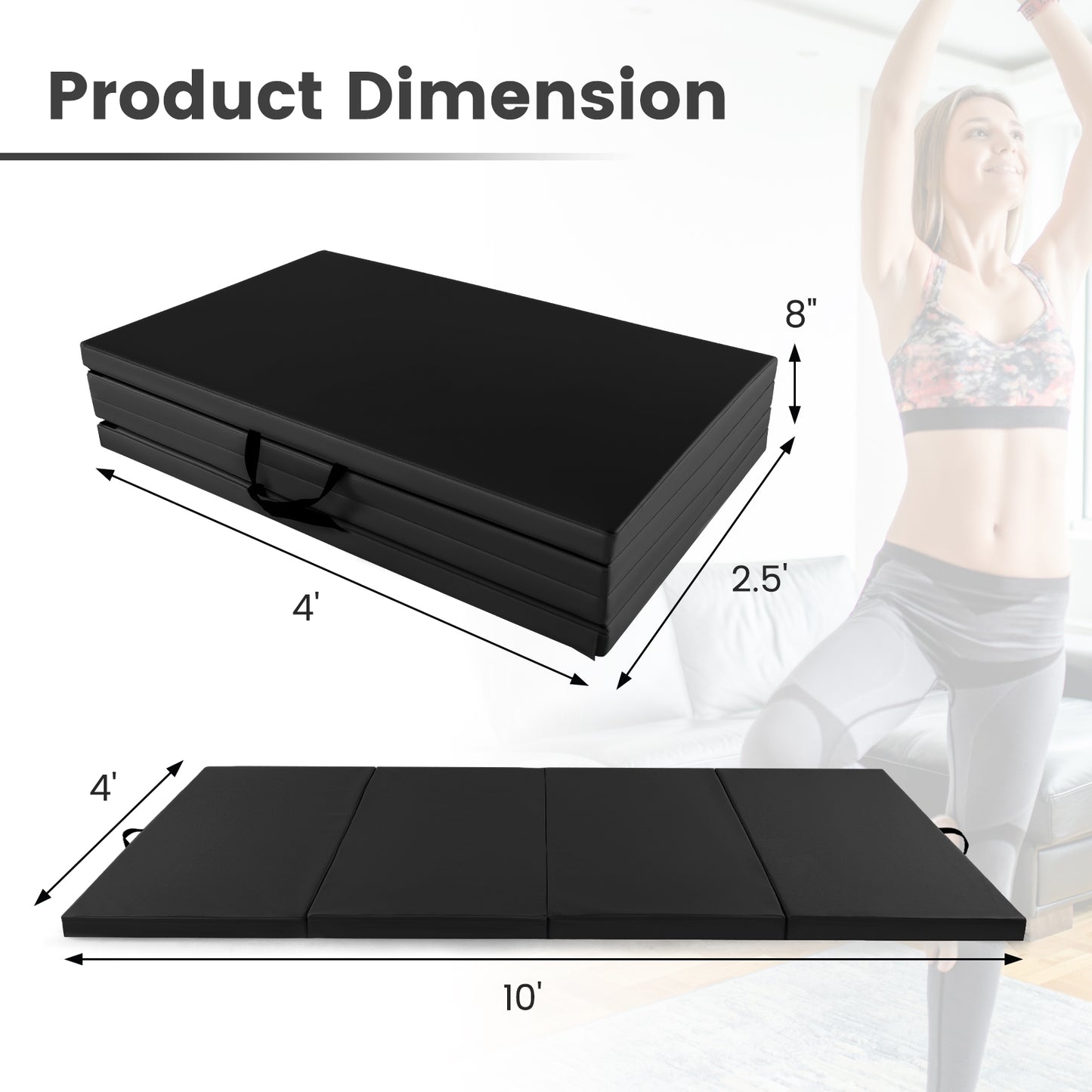 4-Panel PU Leather Folding Exercise Mat with Carrying Handles-Black Kids Crystal