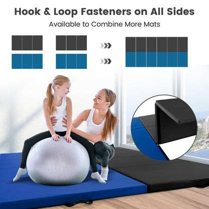 4-Panel PU Leather Folding Exercise Mat with Carrying Handles-Black