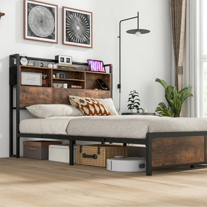 Full/Queen Size Bed Frame with 3-Tier Bookcase Headboard and Charging Station-Queen Size