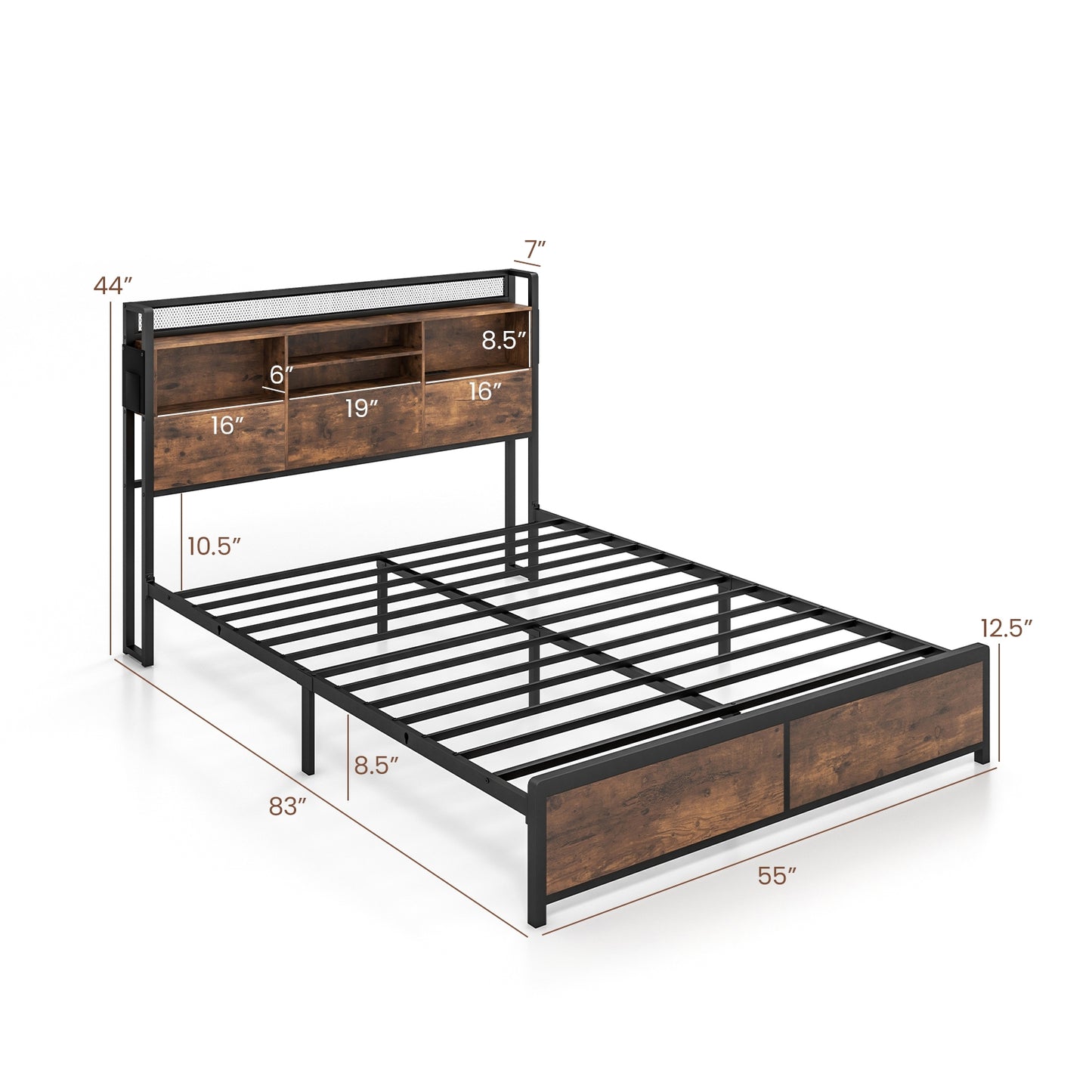Full/Queen Size Bed Frame with 3-Tier Bookcase Headboard and Charging Station-Full Size Kids Crystal