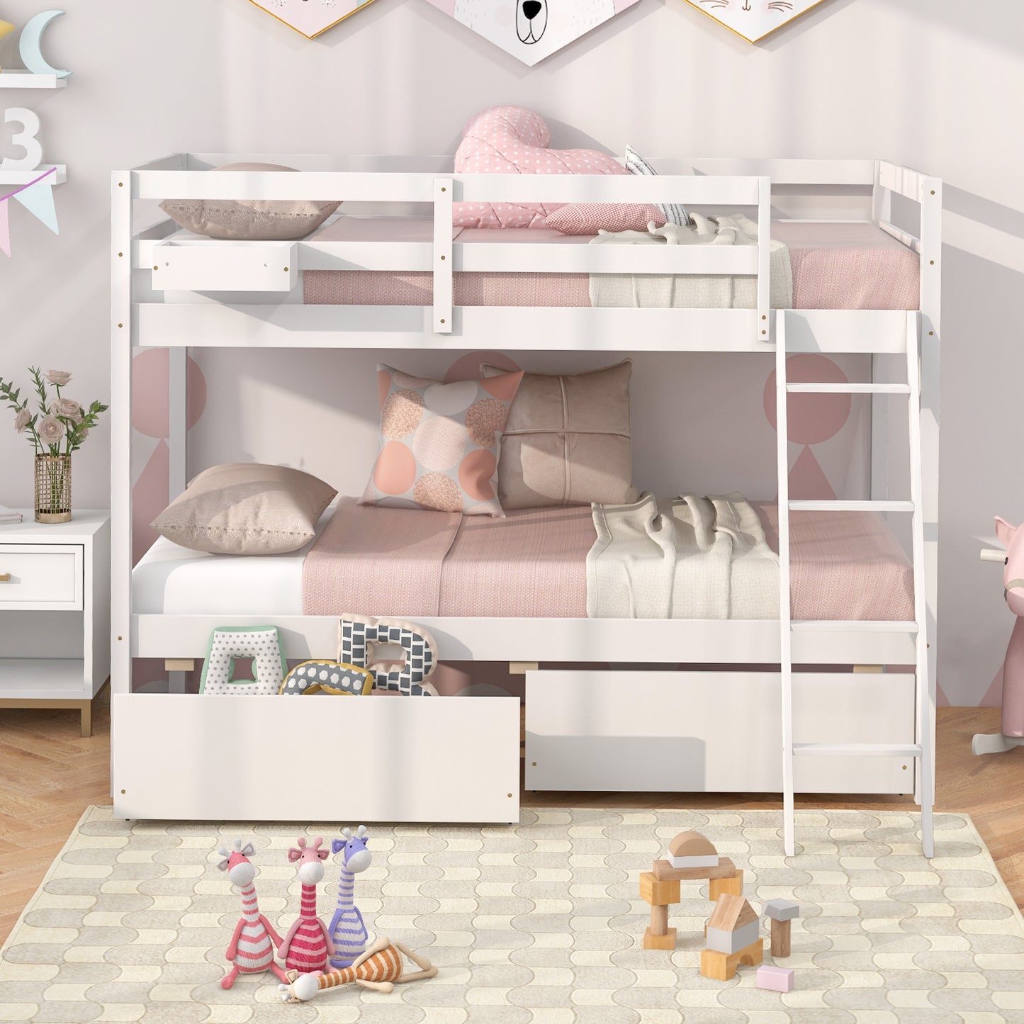 Twin Over Twin Bunk Bed Wood Bed Frame with 2 Storage Drawers and Ladder-White Kids Crystal