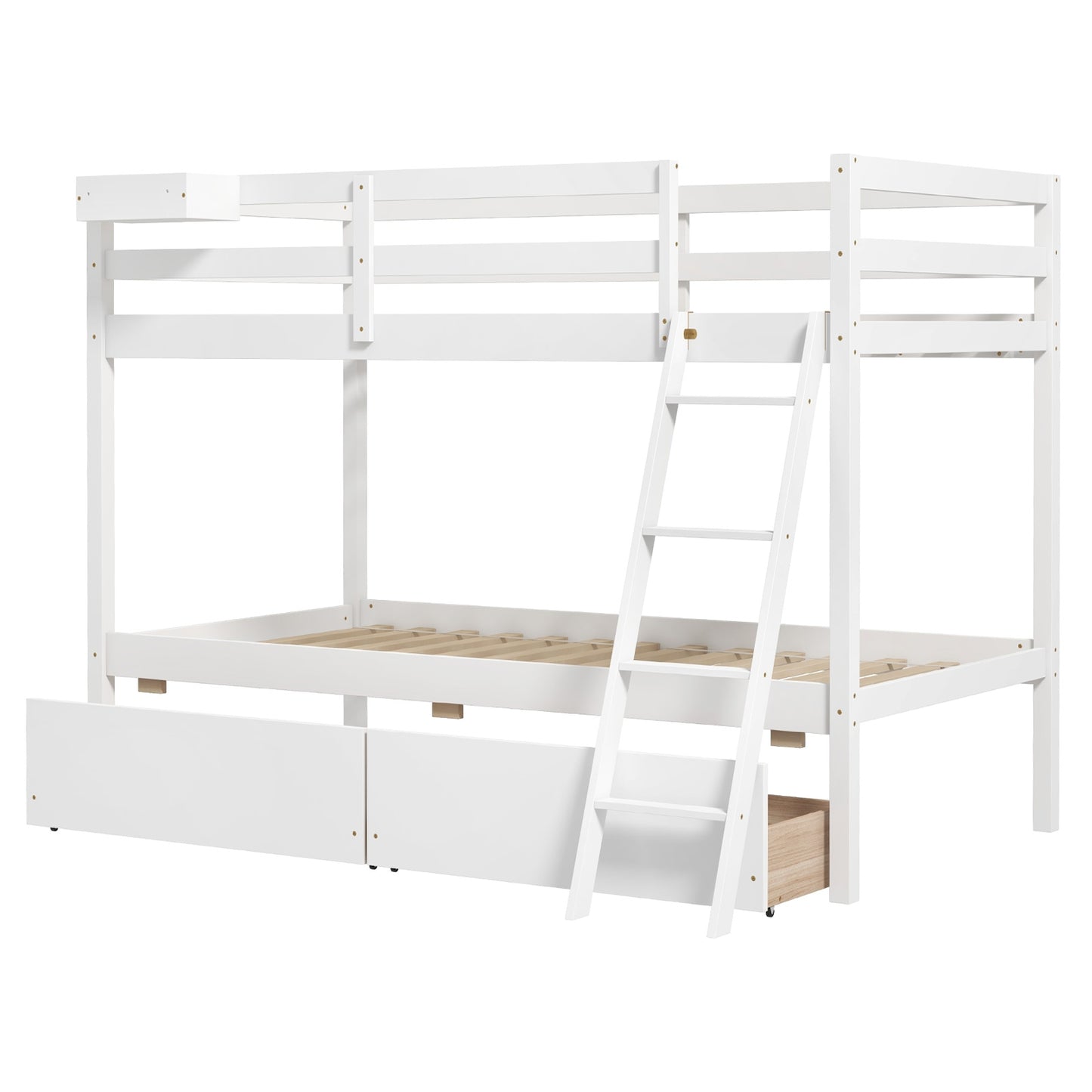 Twin Over Twin Bunk Bed Wood Bed Frame with 2 Storage Drawers and Ladder-White Kids Crystal