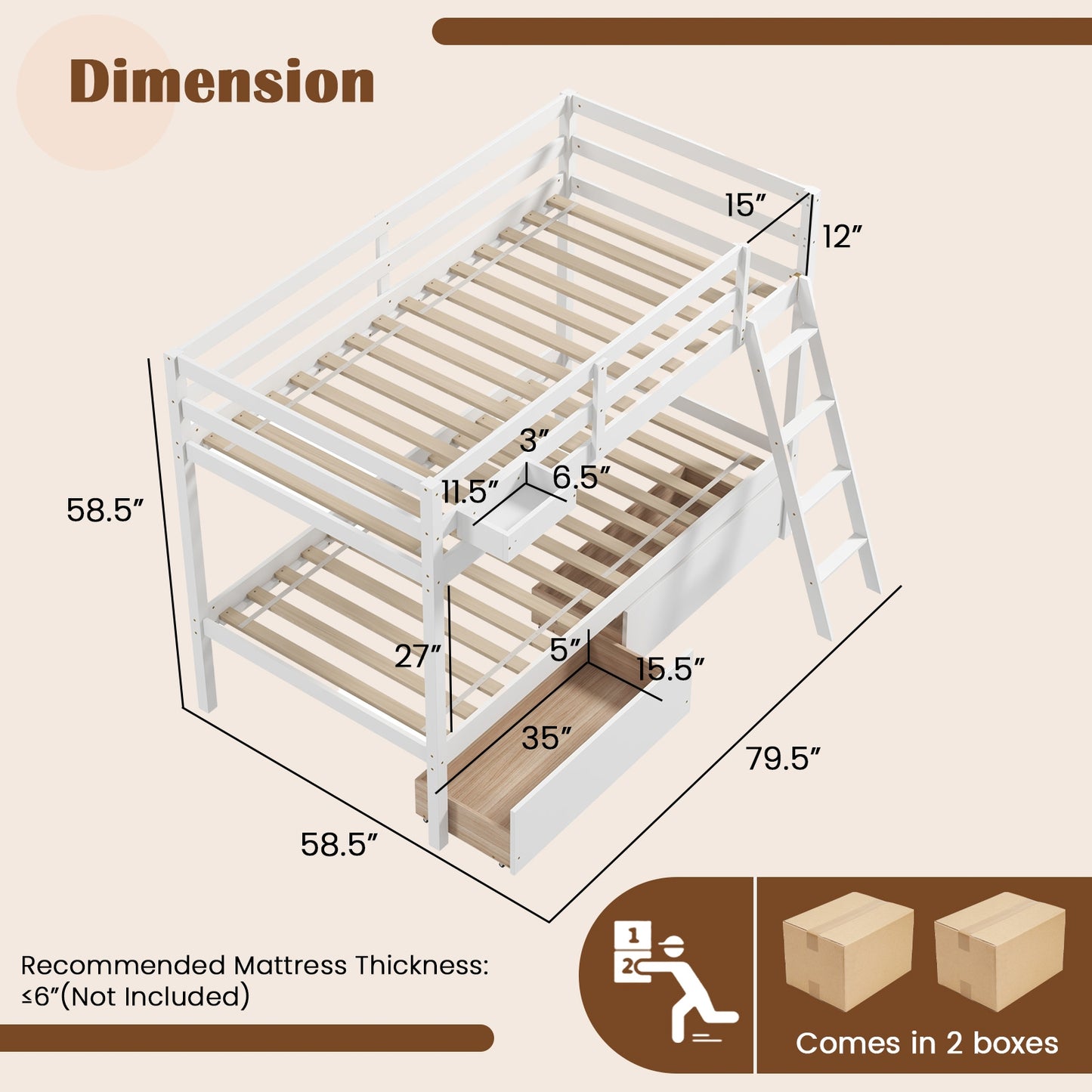 Twin Over Twin Bunk Bed Wood Bed Frame with 2 Storage Drawers and Ladder-White Kids Crystal