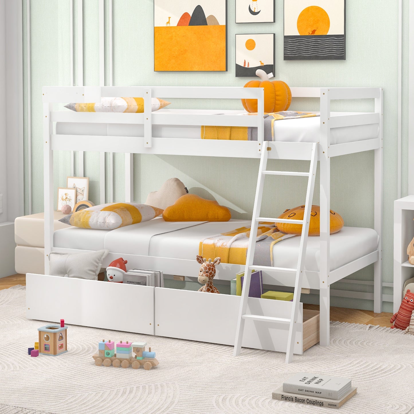 Twin Over Twin Bunk Bed Wood Bed Frame with 2 Storage Drawers and Ladder-White Kids Crystal