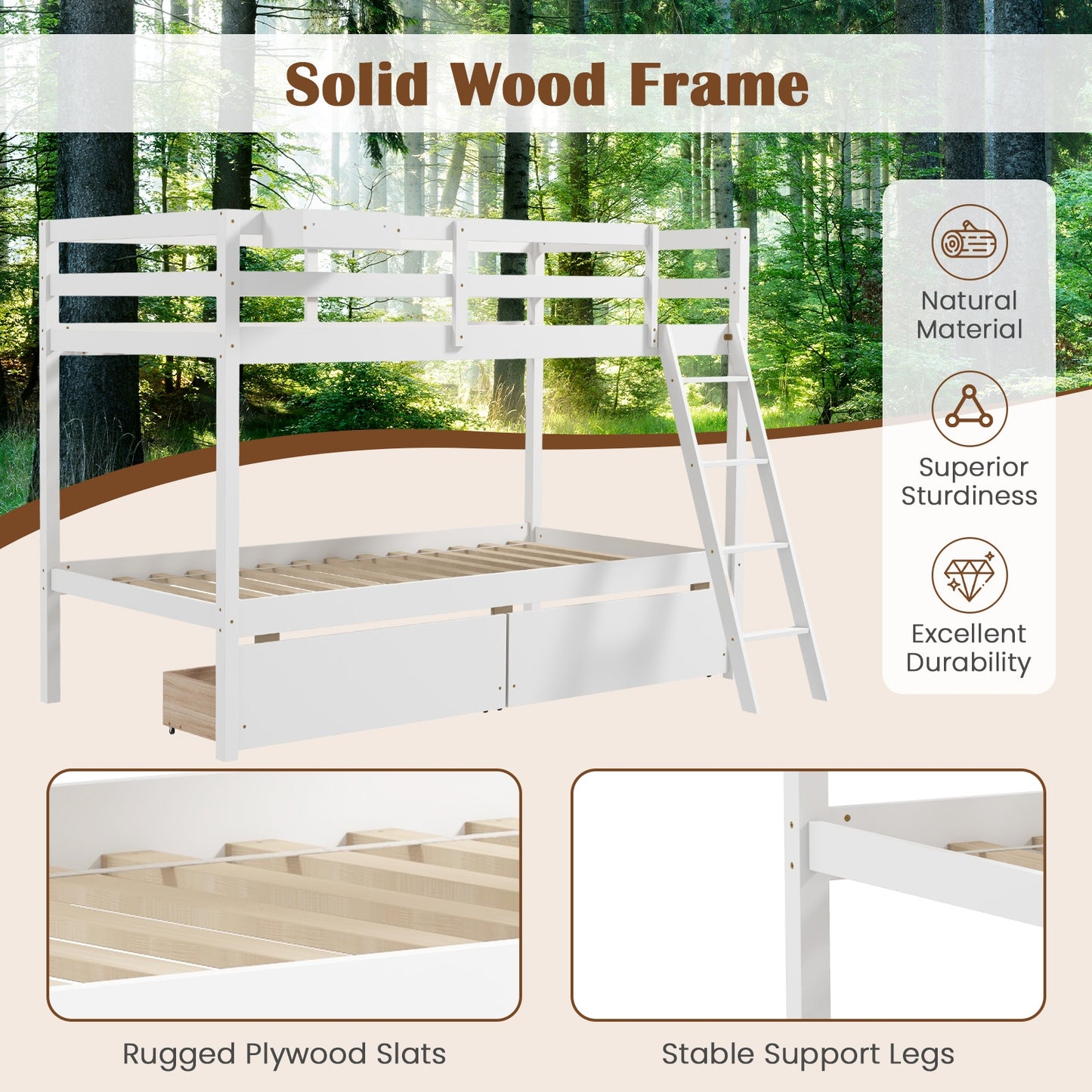 Twin Over Twin Bunk Bed Wood Bed Frame with 2 Storage Drawers and Ladder-White Kids Crystal