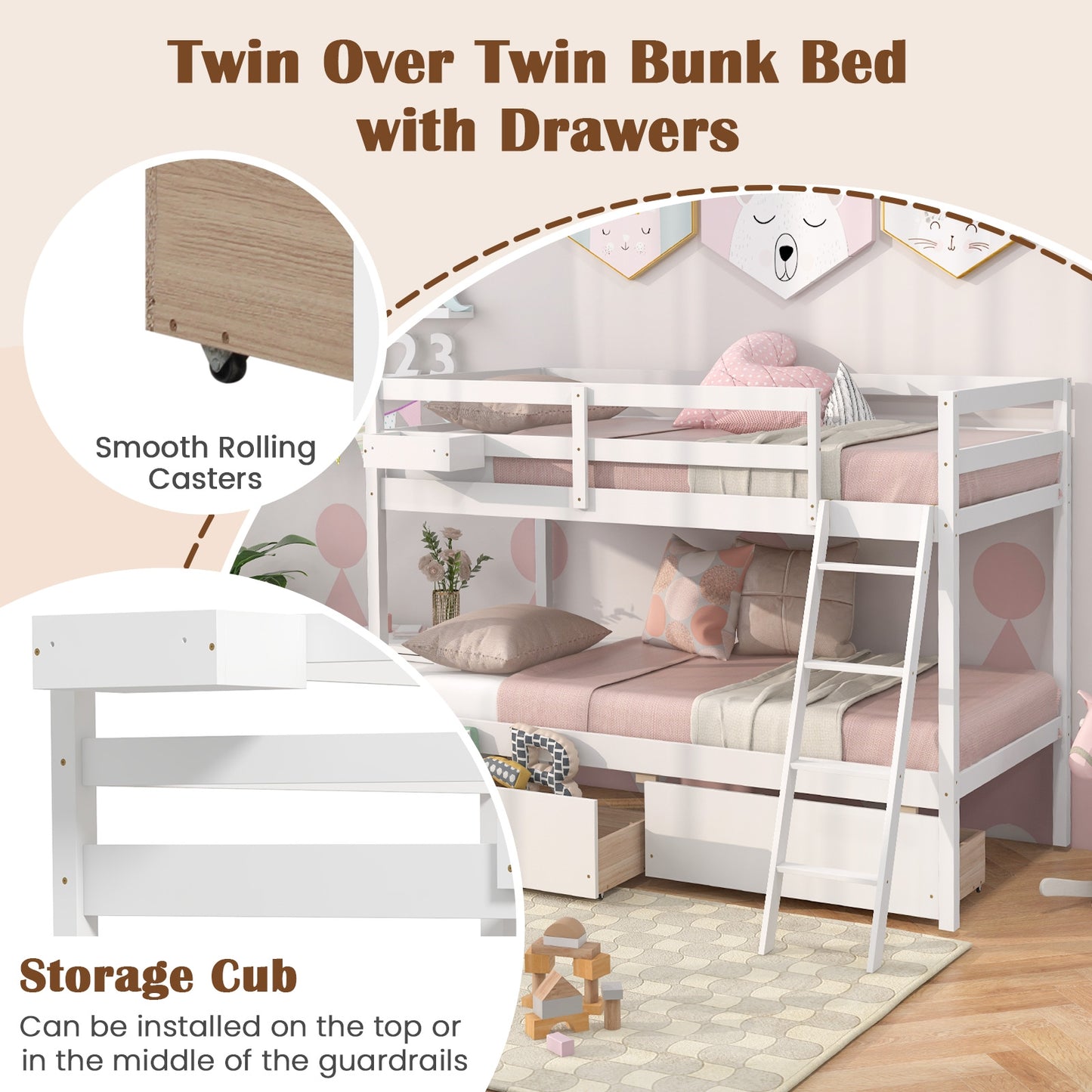 Twin Over Twin Bunk Bed Wood Bed Frame with 2 Storage Drawers and Ladder-White Kids Crystal