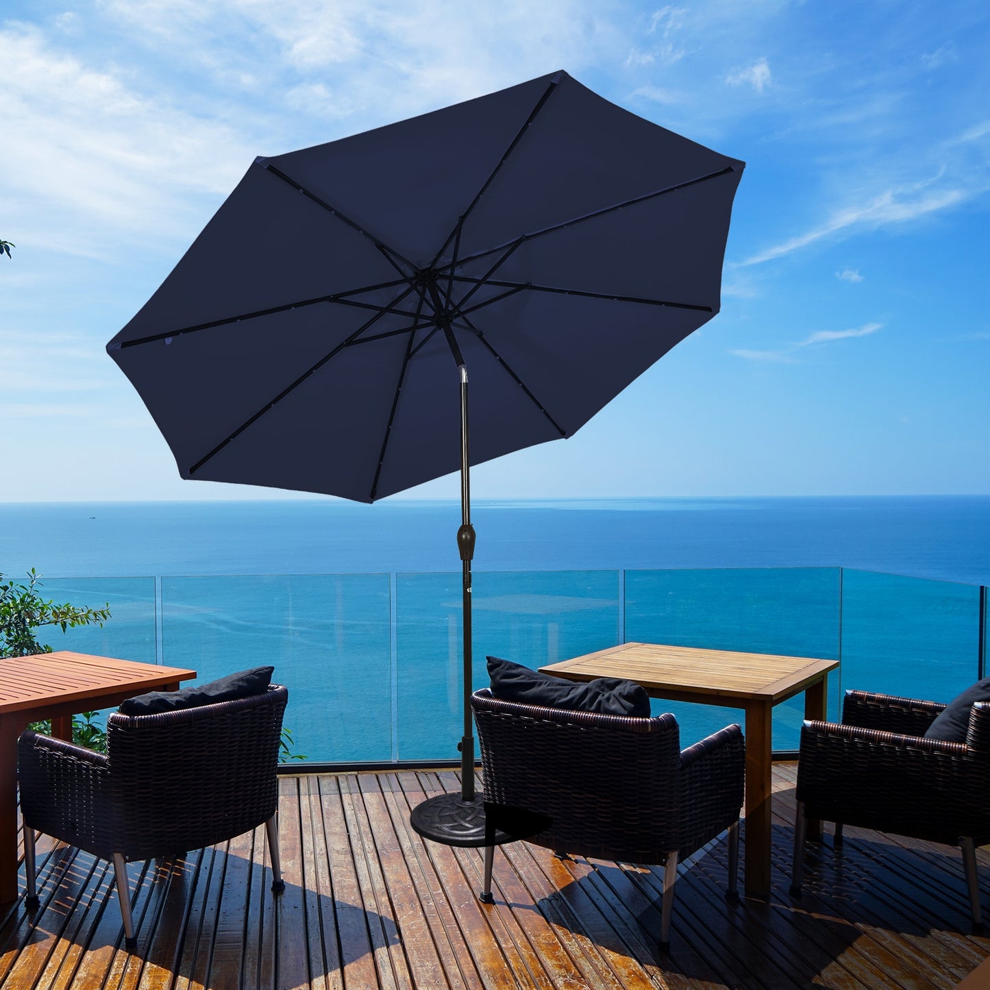 9 Feet Solar LED Lighted Patio Market Umbrella Tilt Adjustment Crank Lift-Dark Blue Kids Crystal