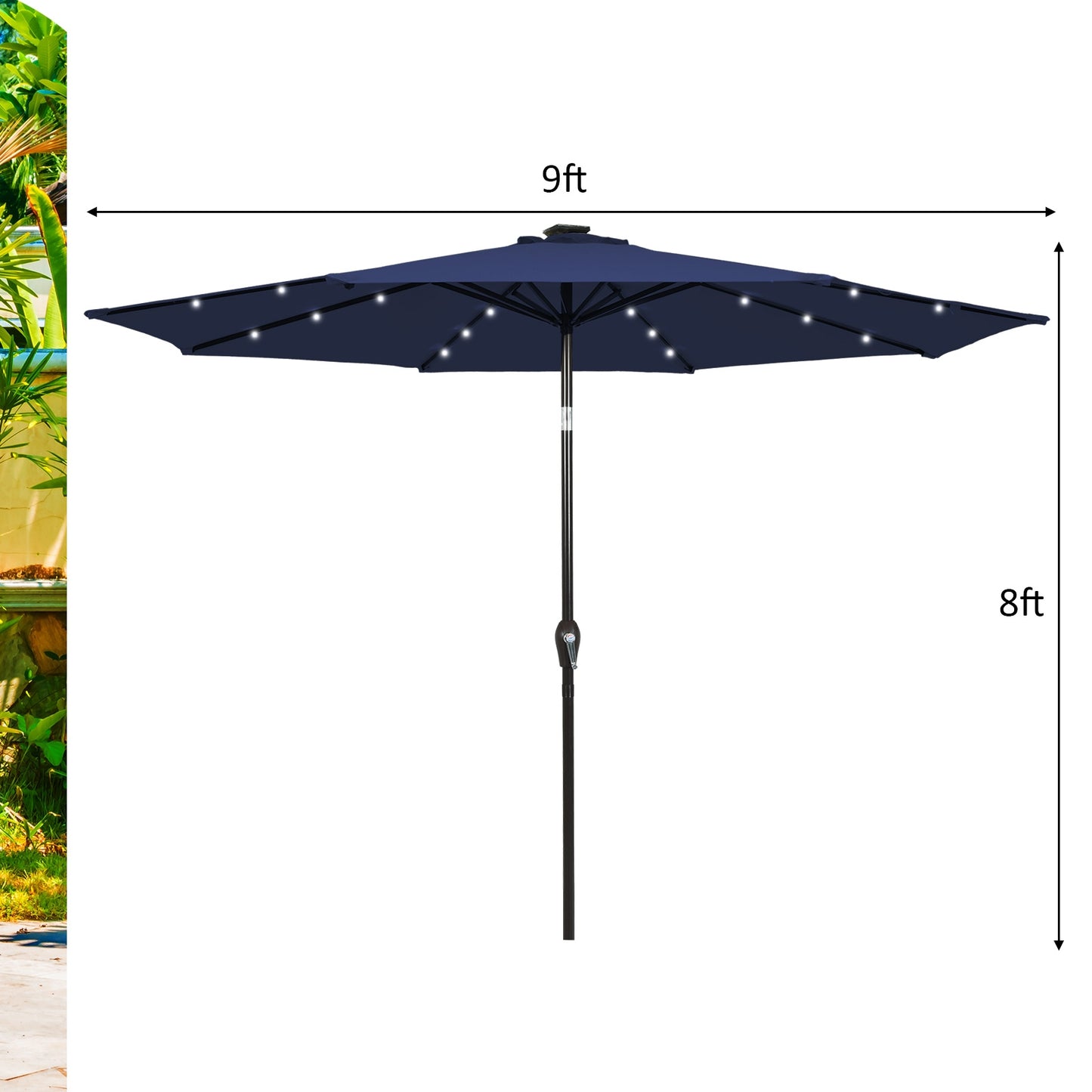 9 Feet Solar LED Lighted Patio Market Umbrella Tilt Adjustment Crank Lift-Dark Blue Kids Crystal