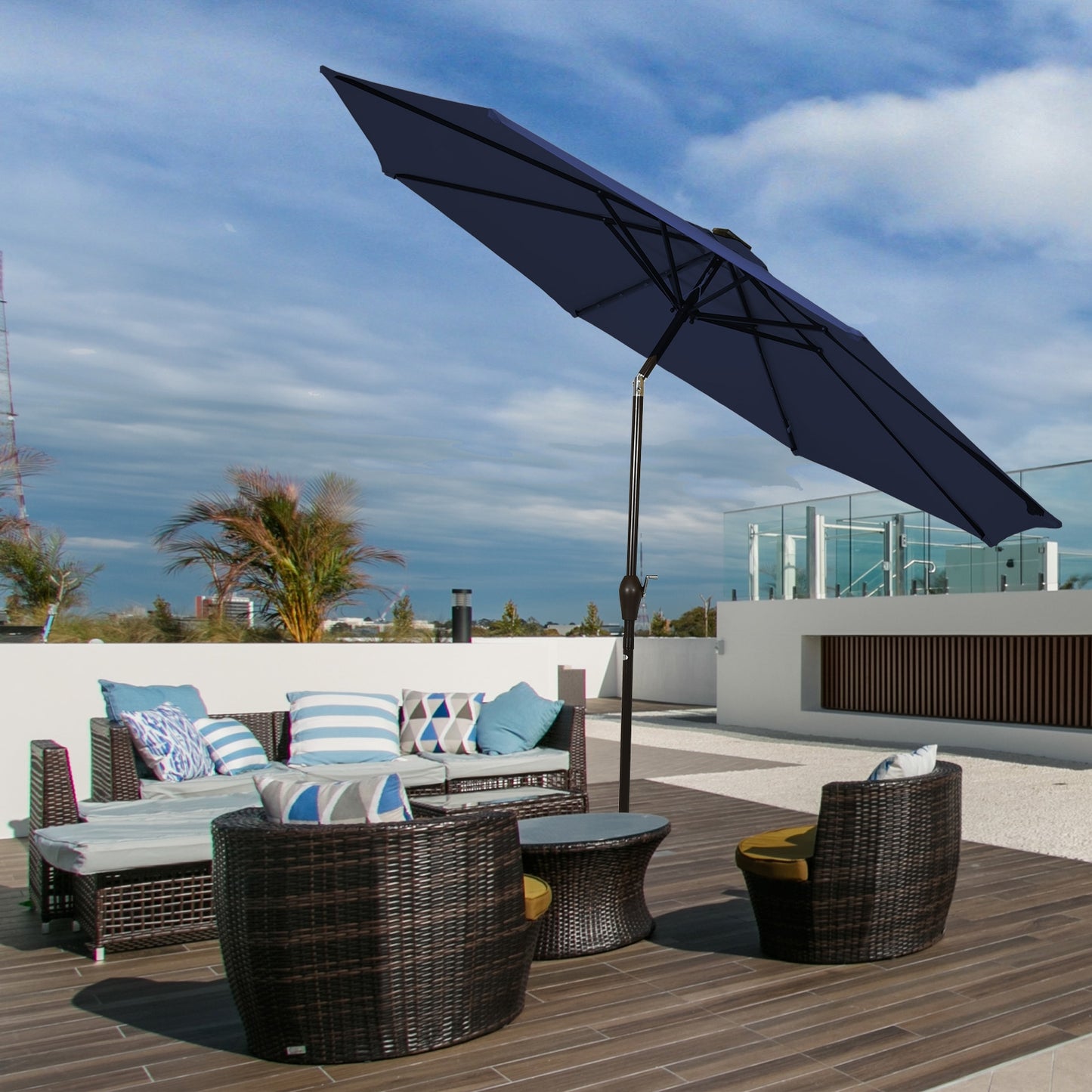 9 Feet Solar LED Lighted Patio Market Umbrella Tilt Adjustment Crank Lift-Dark Blue Kids Crystal