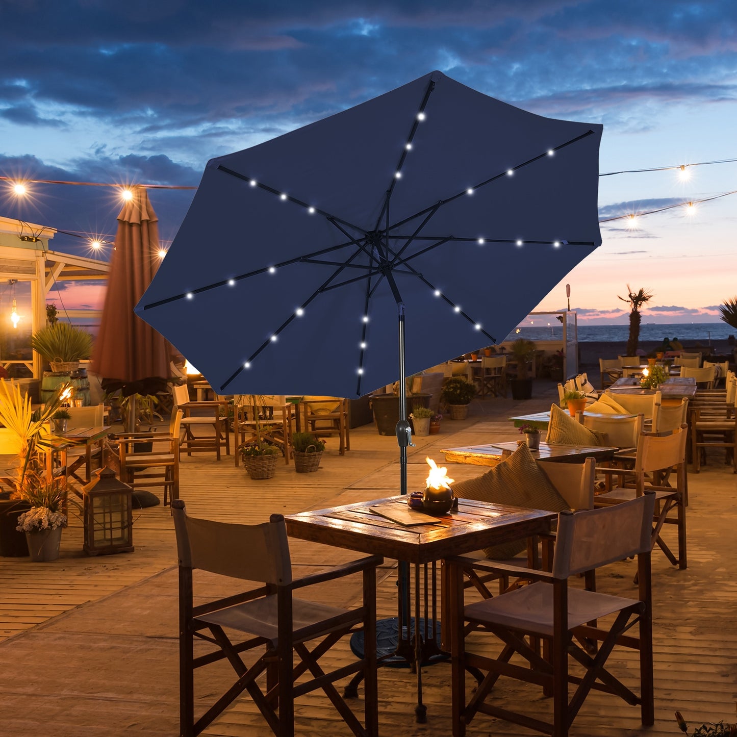 9 Feet Solar LED Lighted Patio Market Umbrella Tilt Adjustment Crank Lift-Dark Blue Kids Crystal
