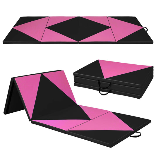 4-Panel PU Leather Folding Exercise Gym Mat with Hook and Loop Fasteners-Black & Pink Kids Crystal