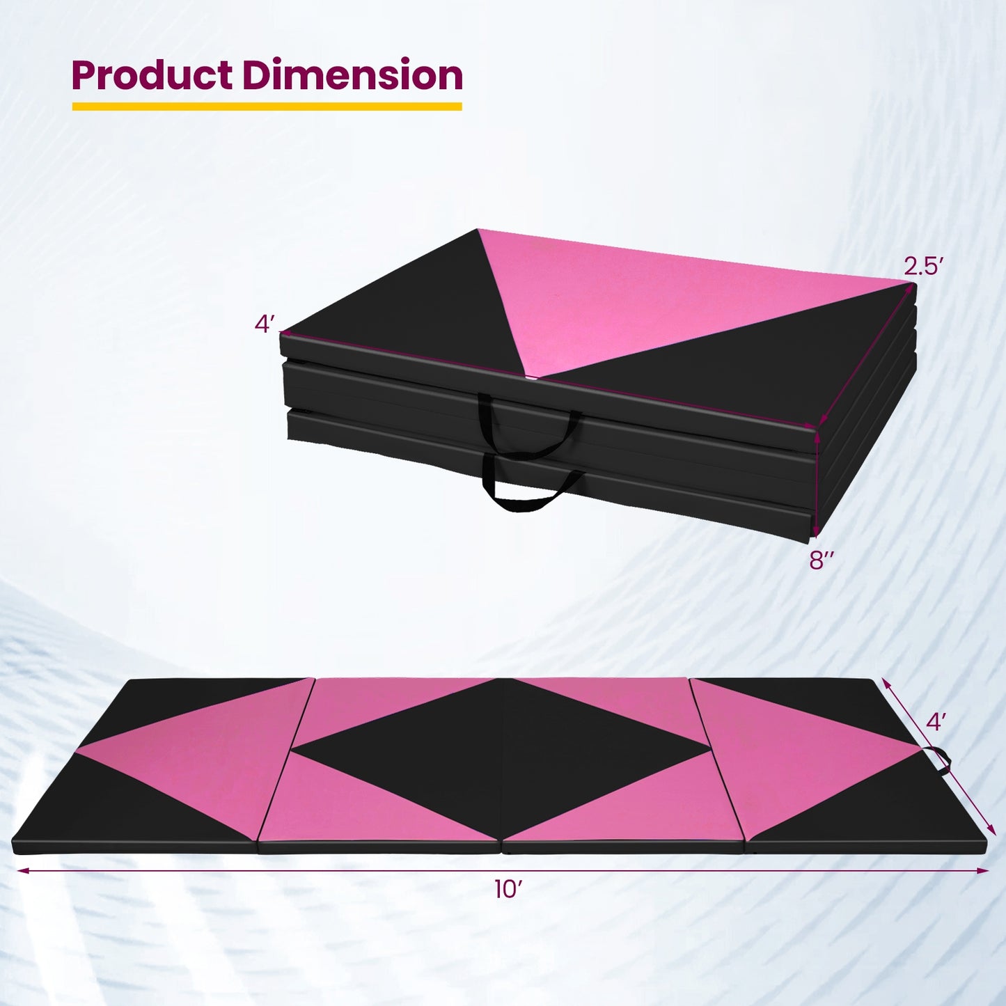 4-Panel PU Leather Folding Exercise Gym Mat with Hook and Loop Fasteners-Black & Pink Kids Crystal