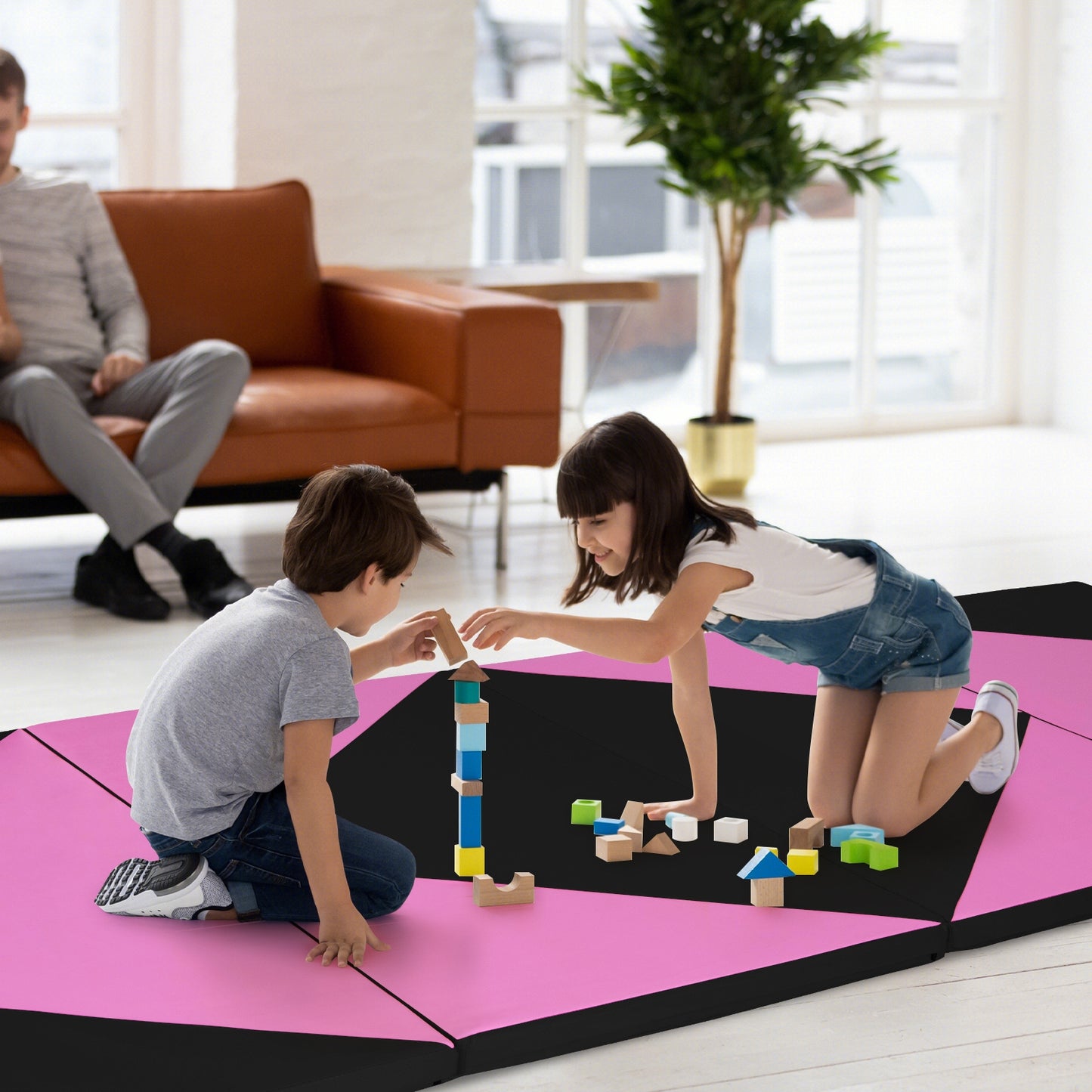 4-Panel PU Leather Folding Exercise Gym Mat with Hook and Loop Fasteners-Black & Pink Kids Crystal