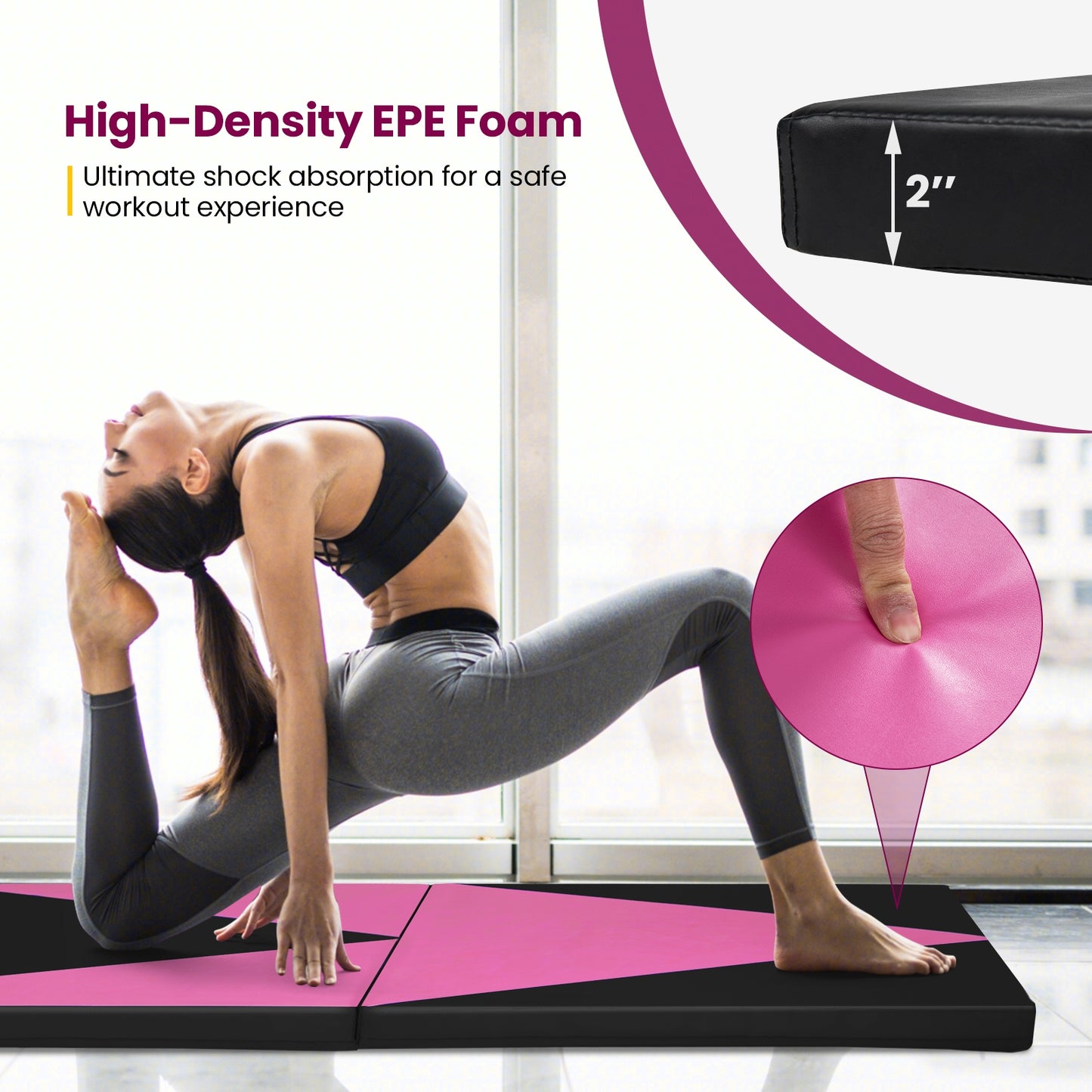 4-Panel PU Leather Folding Exercise Gym Mat with Hook and Loop Fasteners-Black & Pink Kids Crystal