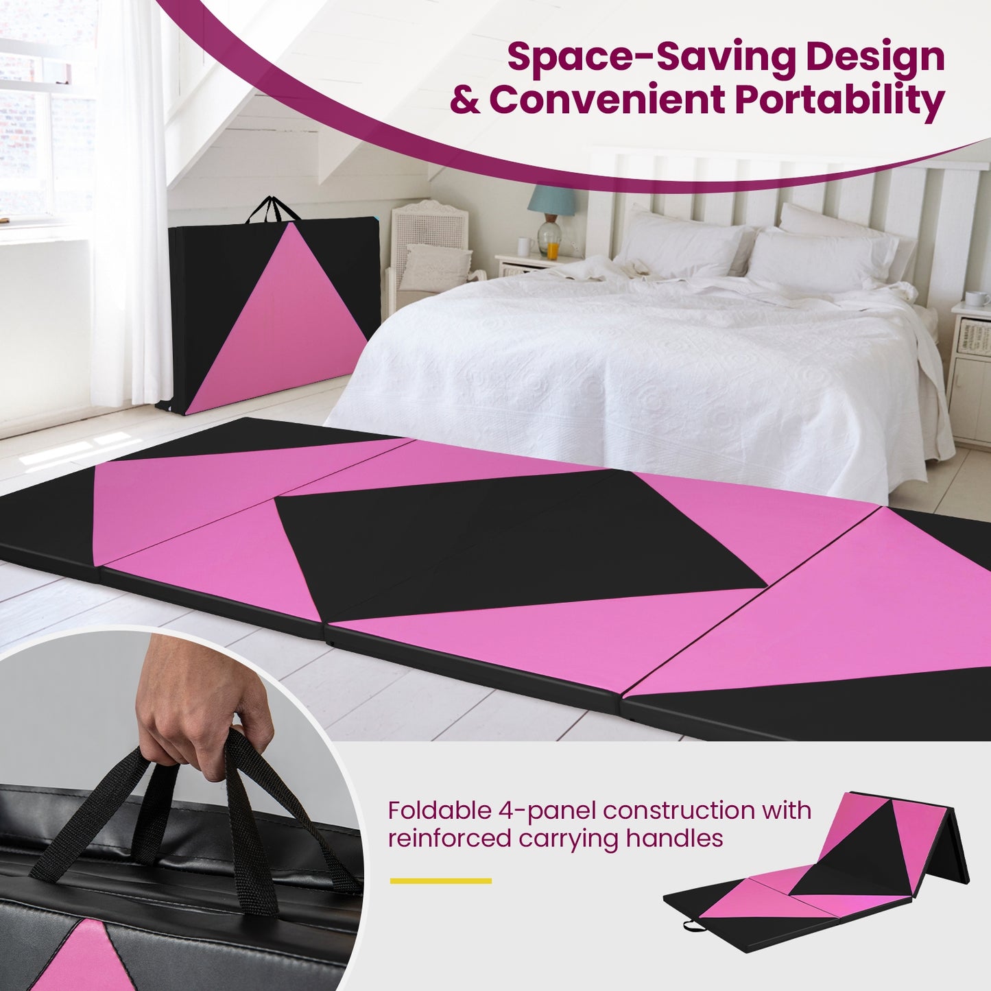 4-Panel PU Leather Folding Exercise Gym Mat with Hook and Loop Fasteners-Black & Pink Kids Crystal