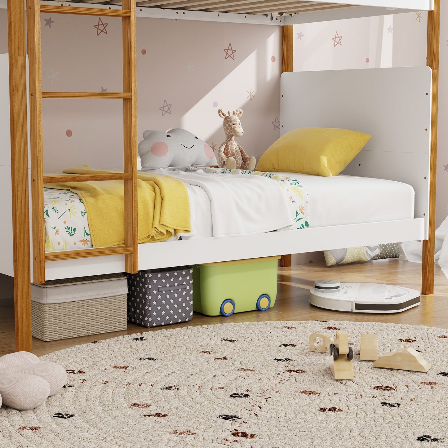 Twin Over Twin Bunk Bed with Integrated Ladder and Safety Guardrails-Twin Size Kids Crystal