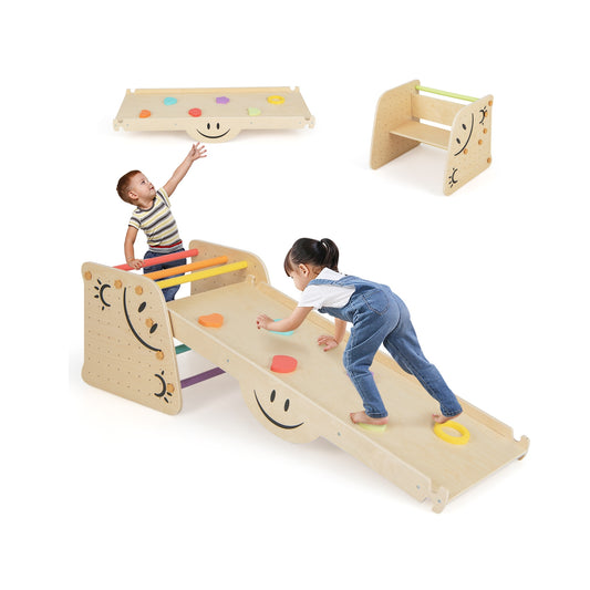 Wooden Climbing Toy Triangle Climber Set with Seesaw-Multicolor Kids Crystal