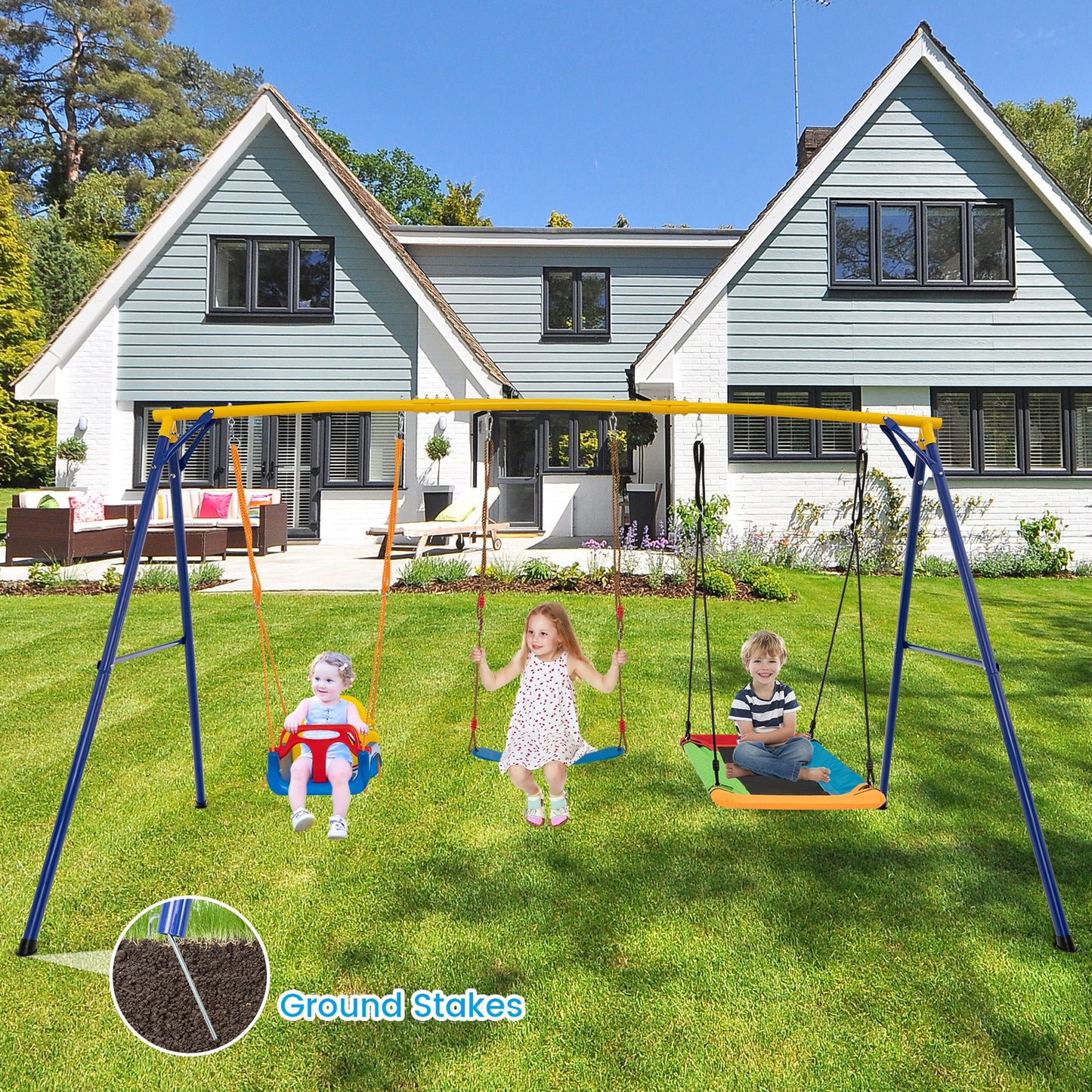 660 LBS Heavy Duty Carbon Steel Swing Frame with 3 Swings-Yellow Kids Crystal
