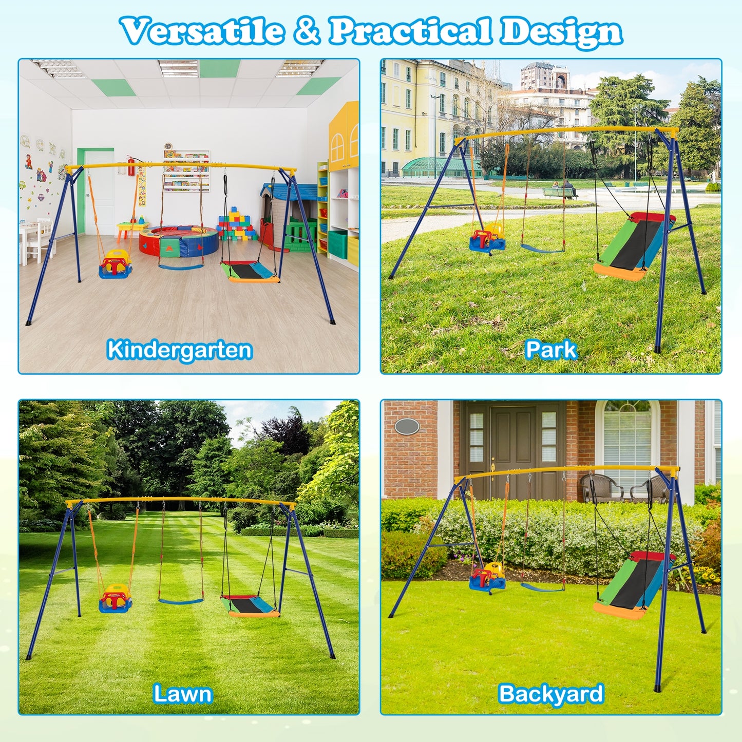 660 LBS Heavy Duty Carbon Steel Swing Frame with 3 Swings-Yellow Kids Crystal