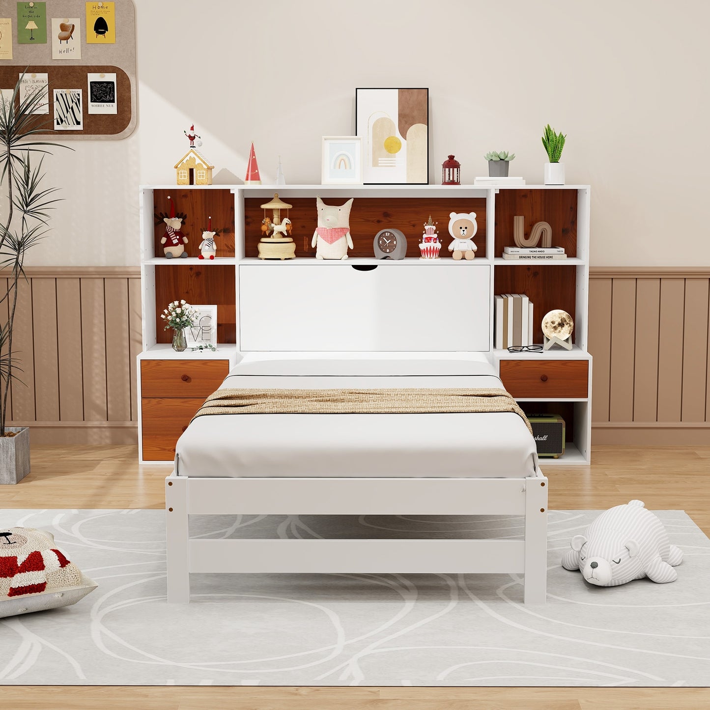 Bed Frame with Storage Headboard and Nightstands-Twin Size Kids Crystal