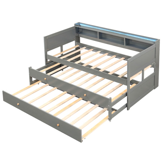 Twin XL Captain Bed with 2 Twin Trundle Beds and 3 Storage Cubbies-Gray Kids Crystal