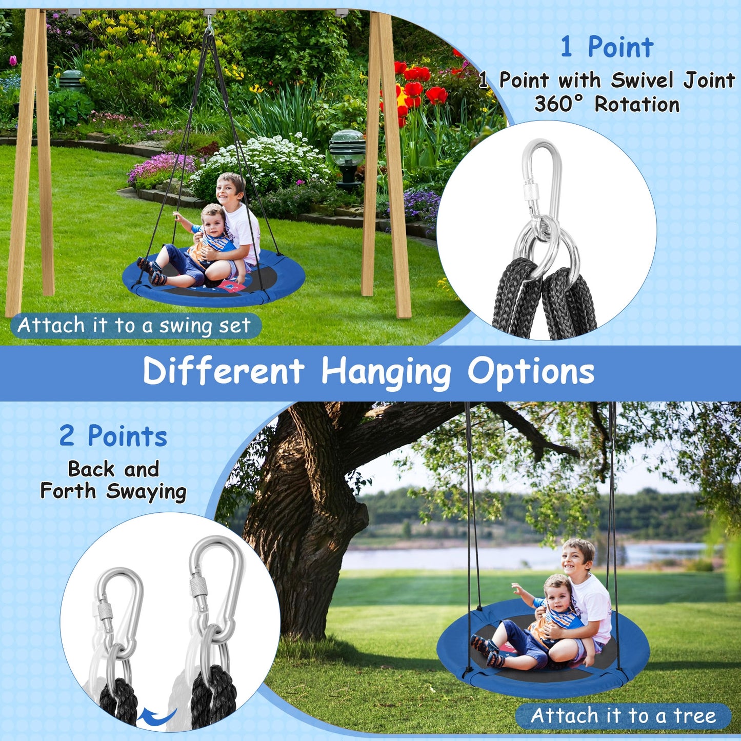40 Inches Saucer Tree Swing with Adjustable Hanging Ropes and 900D Oxford Fabric-Rocket Kids Crystal