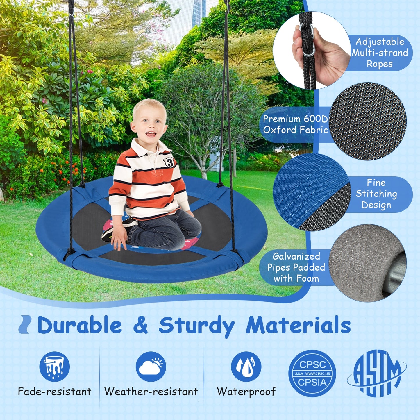 40 Inches Saucer Tree Swing with Adjustable Hanging Ropes and 900D Oxford Fabric-Rocket Kids Crystal