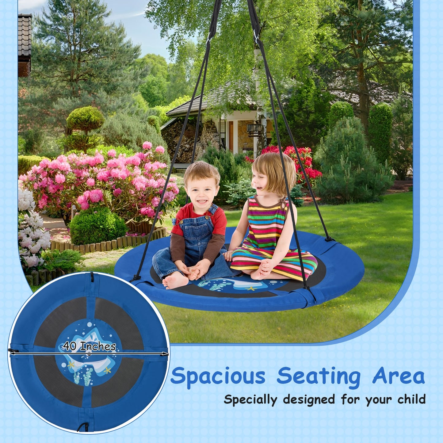 40 Inches Saucer Tree Swing with Adjustable Hanging Ropes and 900D Oxford Fabric-Whale Kids Crystal