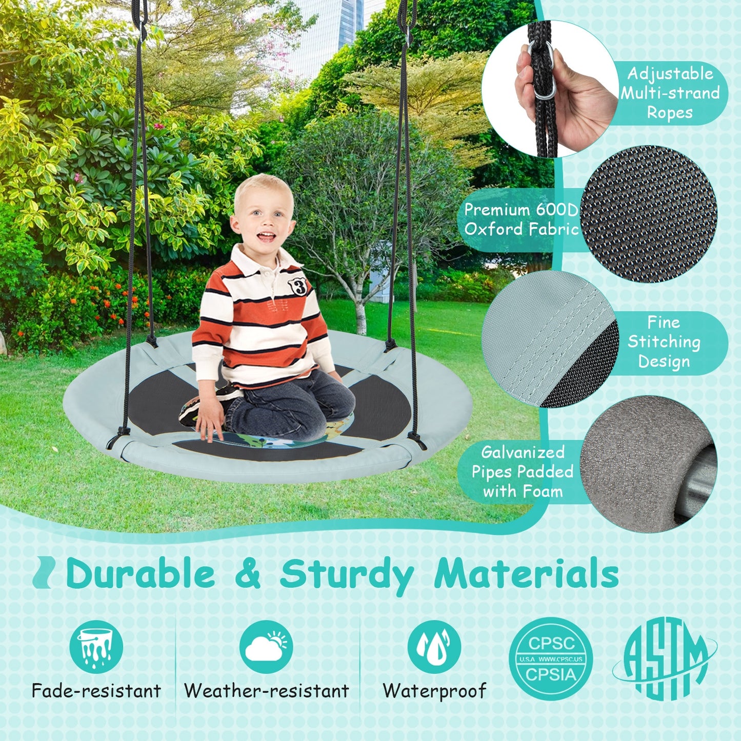 40 Inches Saucer Tree Swing with Adjustable Hanging Ropes and 900D Oxford Fabric-Forest Kids Crystal