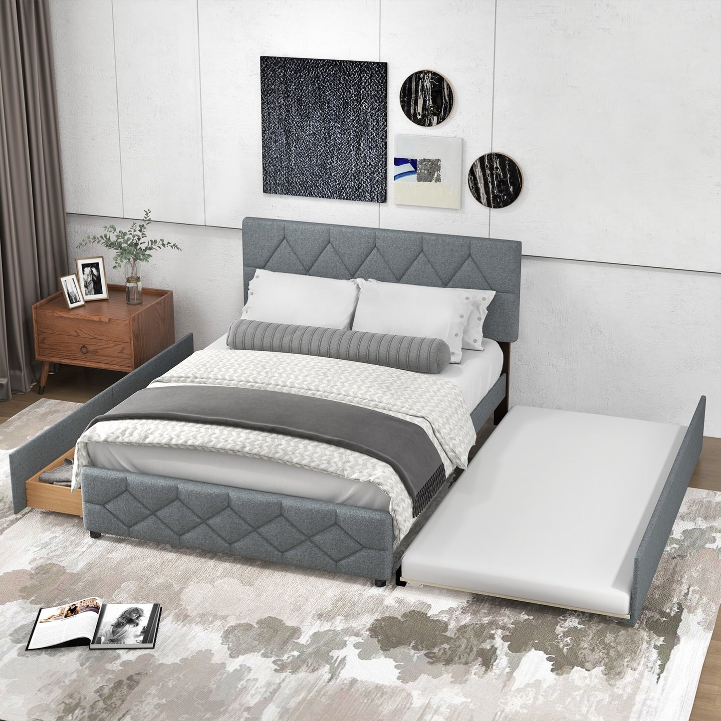 Queen Upholstered Platform Bed with Trundle and 2 Drawers No Box Spring Needed Noise Free-Gray Kids Crystal
