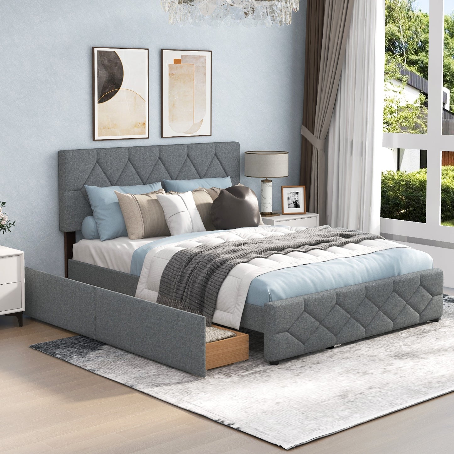 Queen Upholstered Platform Bed with Trundle and 2 Drawers No Box Spring Needed Noise Free-Gray Kids Crystal