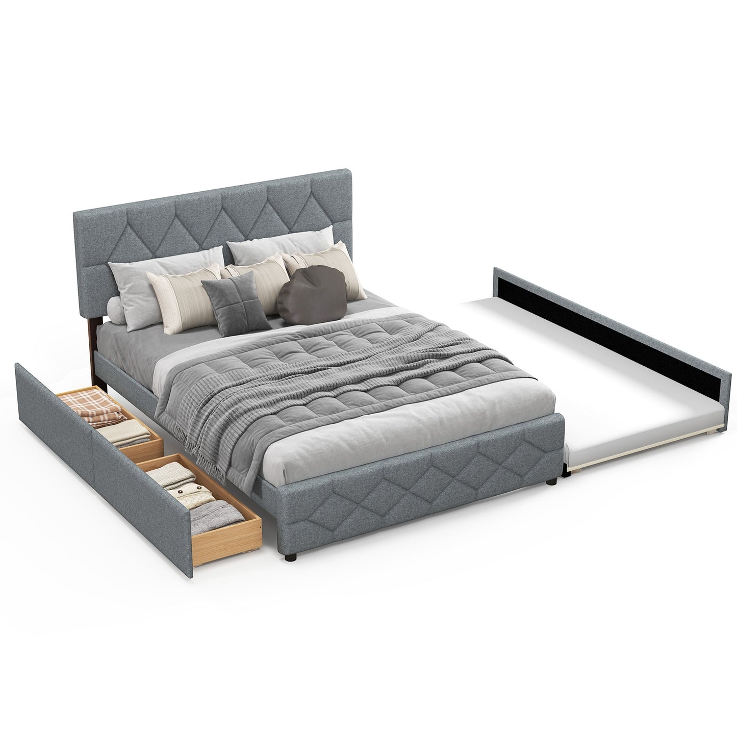 Queen Upholstered Platform Bed with Trundle and 2 Drawers No Box Spring Needed Noise Free-Gray Kids Crystal