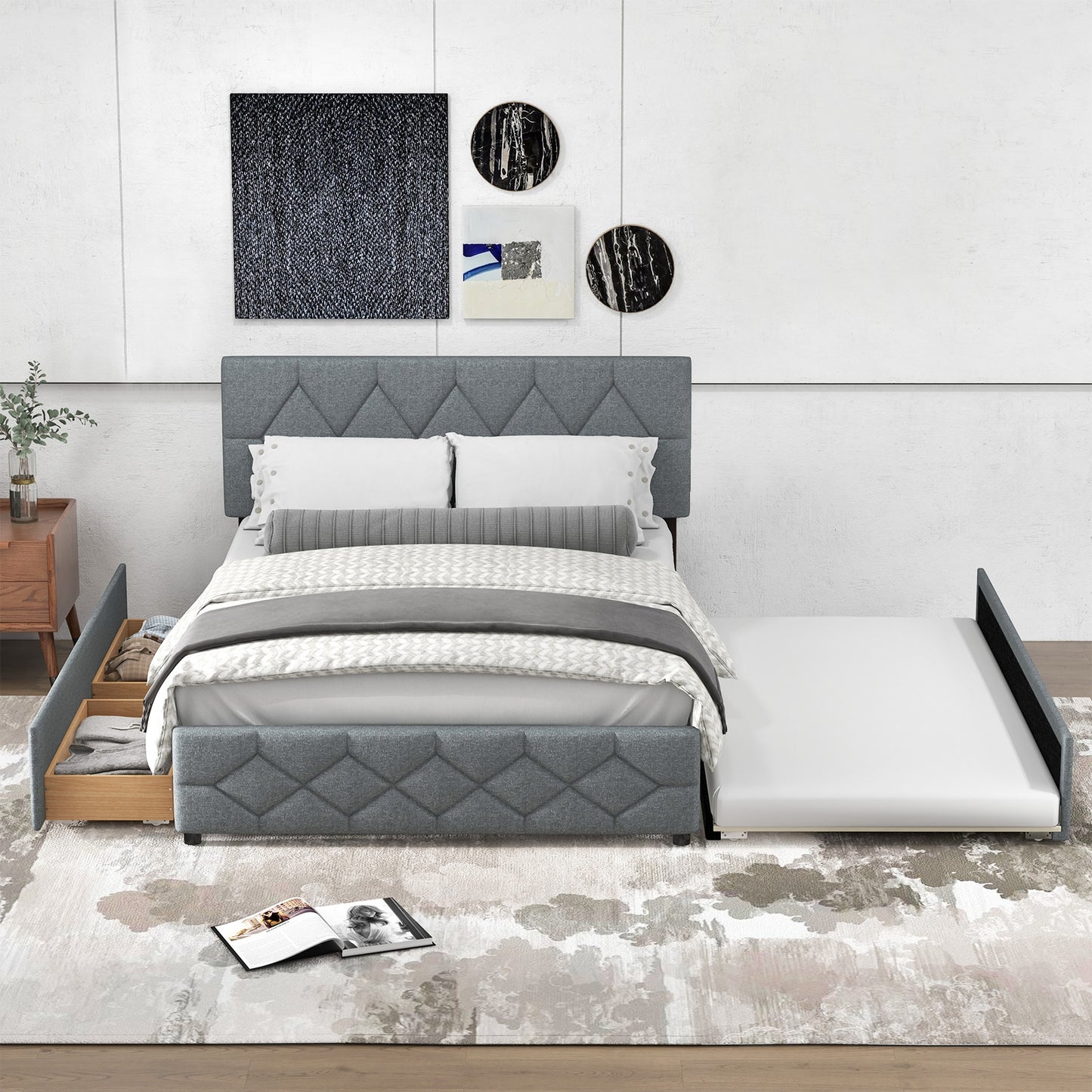 Queen Upholstered Platform Bed with Trundle and 2 Drawers No Box Spring Needed Noise Free-Gray Kids Crystal