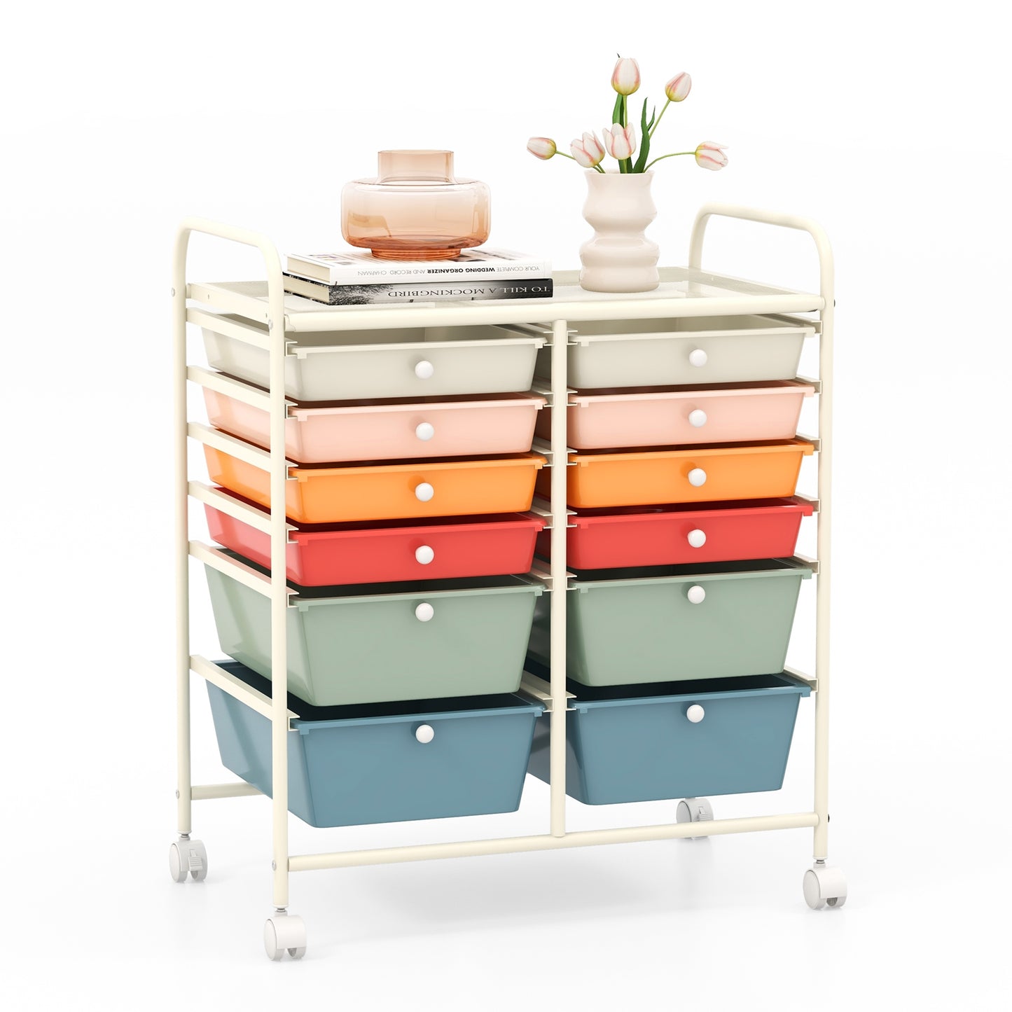 12 Drawers Rolling Storage Cart with Metal Frame and Lockable Wheels-Deep Multicolor Kids Crystal