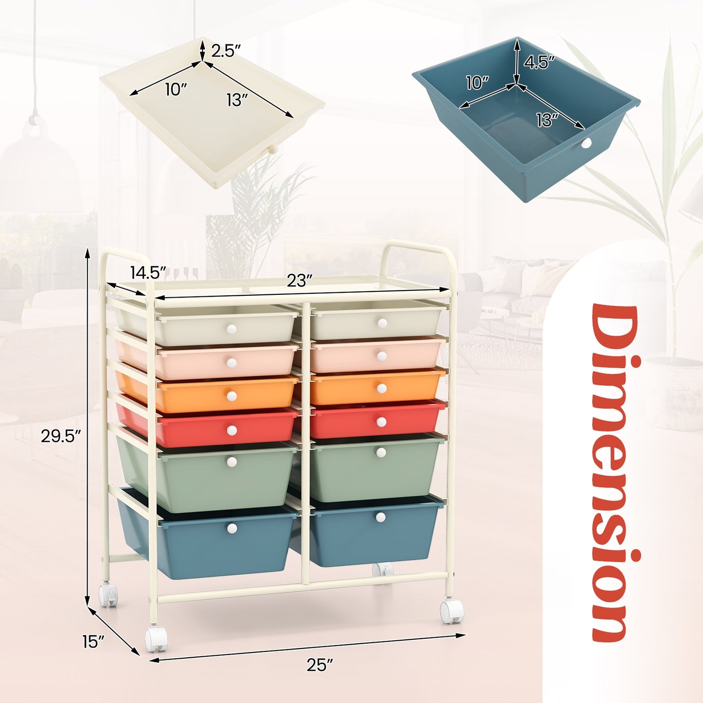 12 Drawers Rolling Storage Cart with Metal Frame and Lockable Wheels-Deep Multicolor Kids Crystal