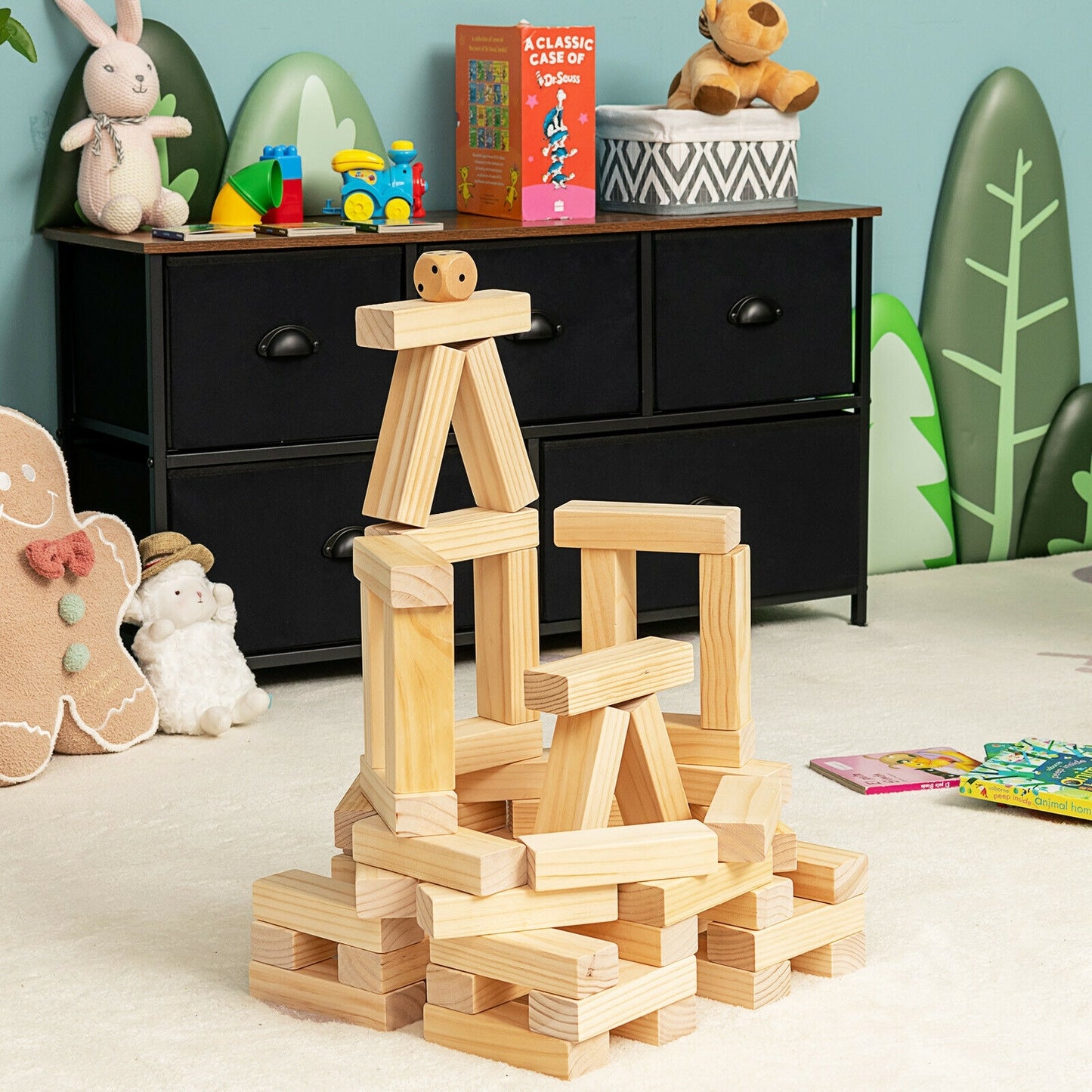 54 Pieces Tumbling Timber Toy with Carrying Bag Kids Crystal