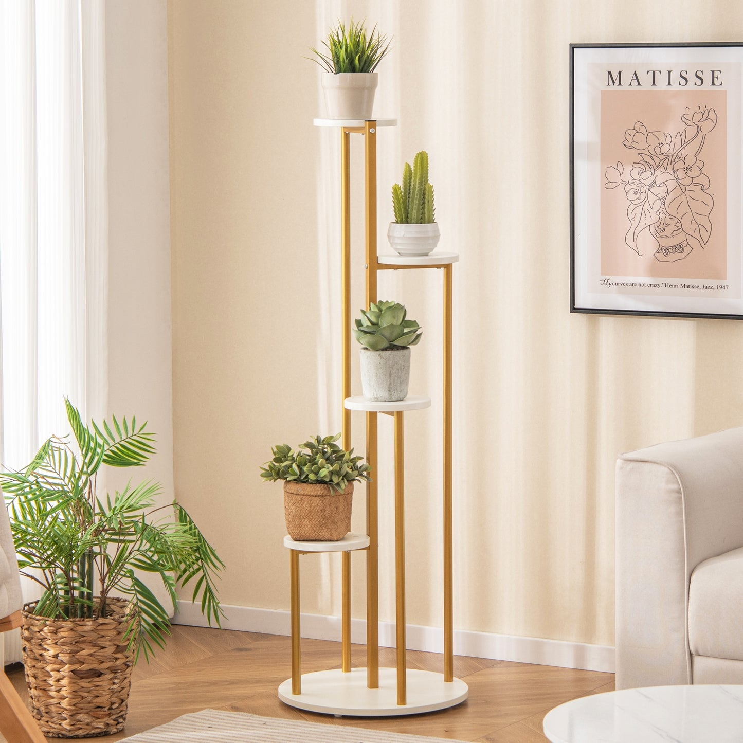 Indoor Metal Plant Stand Corner Plant Shelf for Potted Plant with Golden Metal Frame-White Kids Crystal